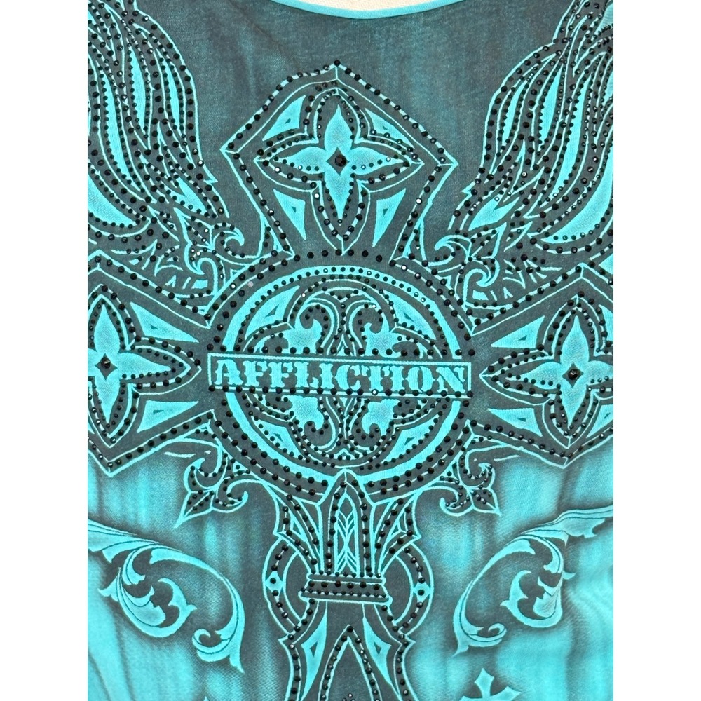 Affliction Graphic Tee Women Medium Teal Black Y2K Grunge Studded Cut Out Back